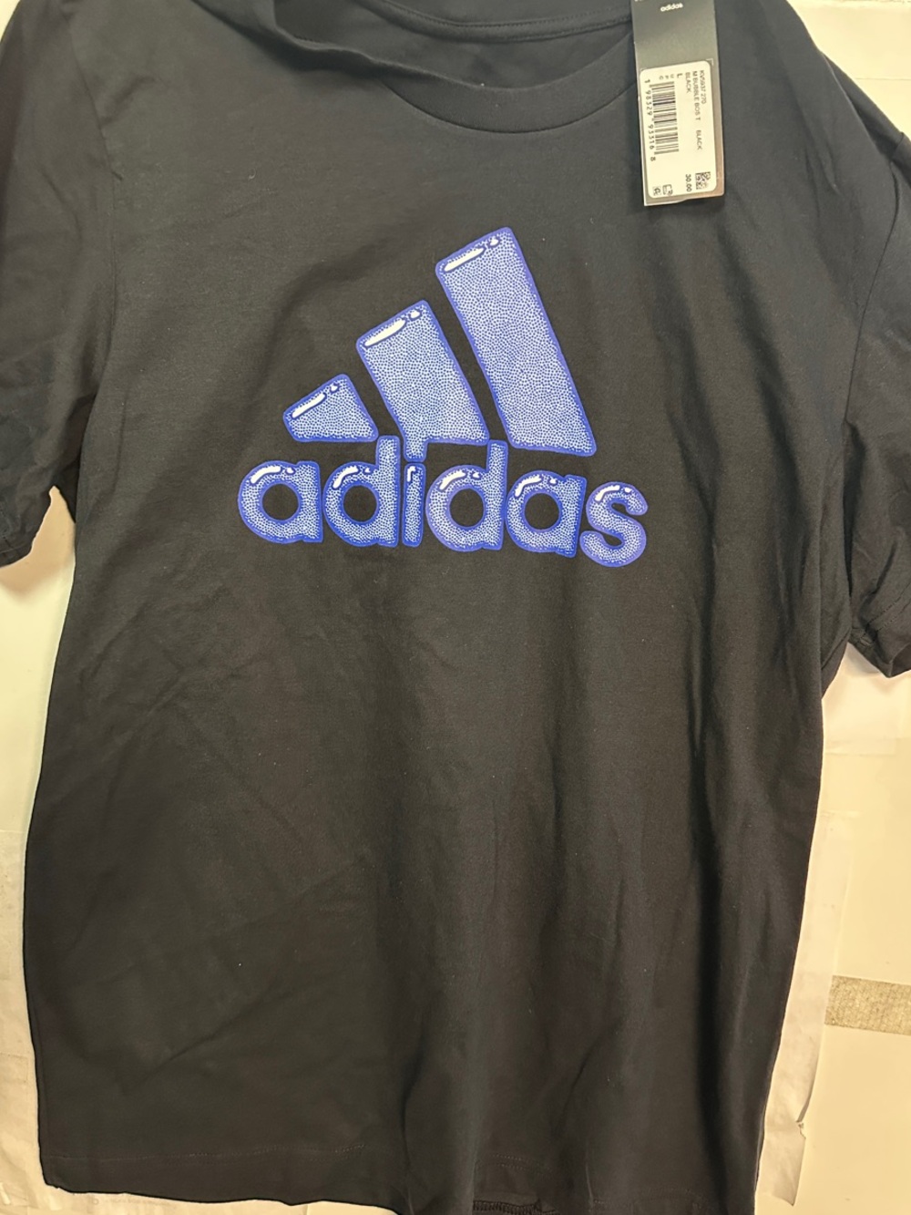 adidas Black Short Sleeve Tee with Blue Logo men’s L NWT